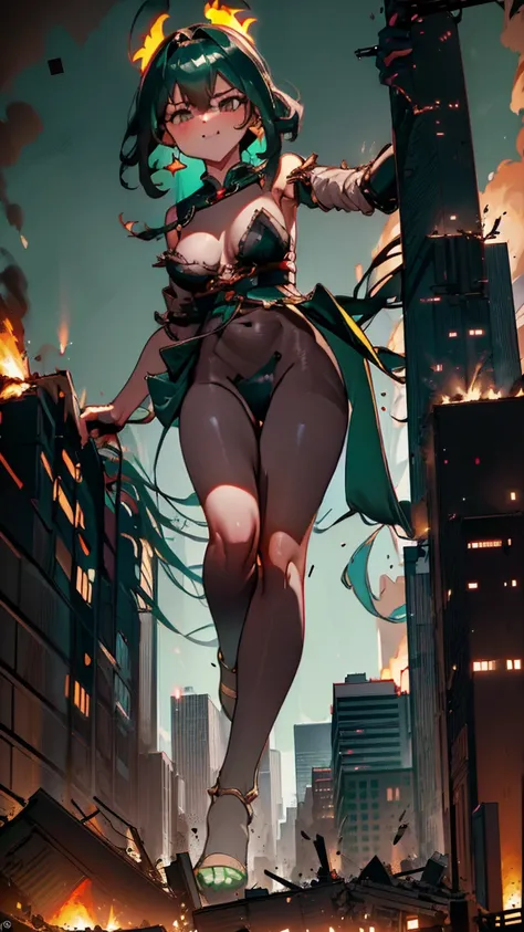 amongst towering skyscrapers, the giantess goddess with obsidian-black skin and glowing green eyes stands tall. normal-sized hum...