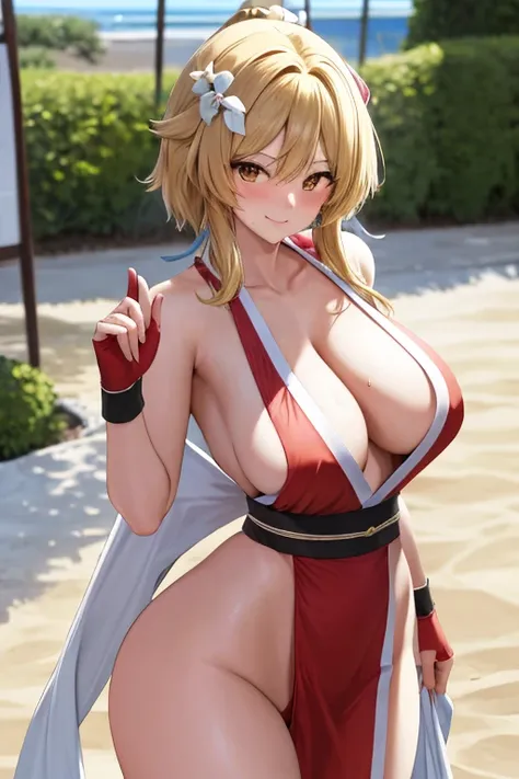 masterpiece, best quality, beautiful art, high resolution, well formed hands, body and fingers, 1 woman, solo, Lumine, blonde, grown up,  cosplaying as Mai Shiranui , mai_shiranui_cosplay, adult, large and round breasted, cleavage full body picture , hair ...