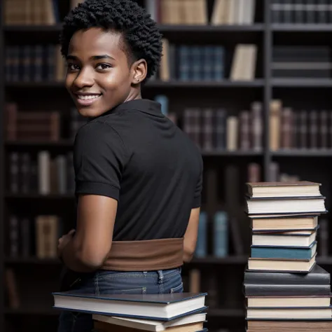 a detailed side view image of a young black student with short hair, holding a stack of books, casual clothing, high-resolution,...