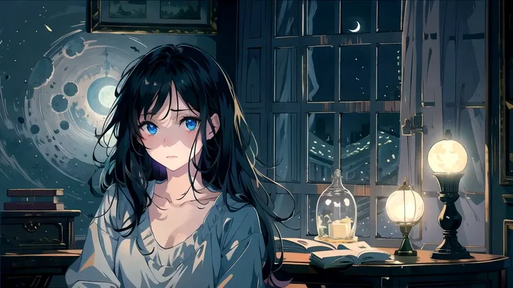 Create an illustration of a girl with black hair and blue eyes, sitting in a chair in front of a desk, Sentimental, Introspective look。, The moonlight gently shines into the room, Gently illuminate the space, Curtains sway in the wind, Increase tranquility...