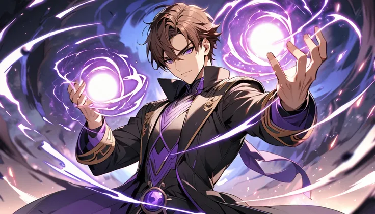 Handsome, single, 1 male, short hair, brown hair, purple eyes, magic style warrior outfit. black coat An enormous power swirled like a black holes purple electricity. Magical power is in your hands.