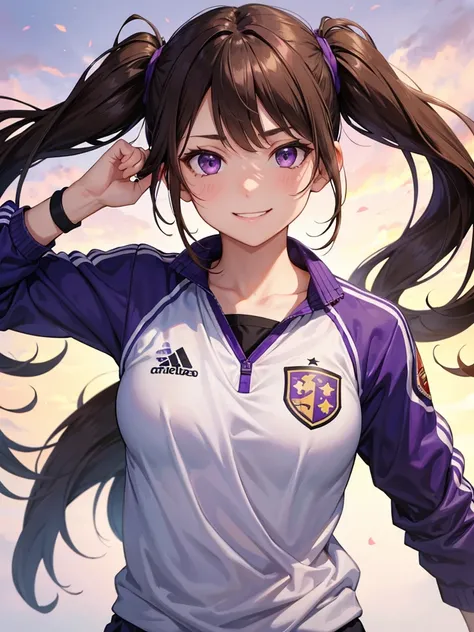 girl, brown hair tied in two, purple eyes, wear uniform, her hair is tied. strong girl, smile glare, intrepid, sports uniform, domination type, her hair is tied in two ponytails