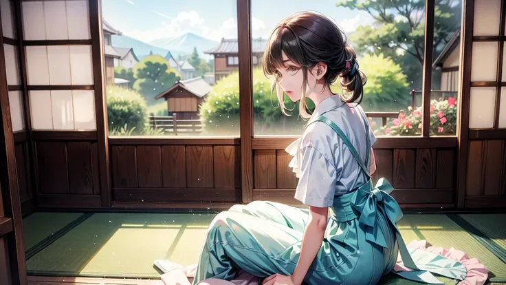 A anime character sitting in the terasse of an old japanese house, the view of her garden. summer ambient vibes. The colors are soft and pastel, with soft lighting and a nostalgic ambiance, Lo-Fi, school girl , cute girl, side view, wide view, japanese bea...