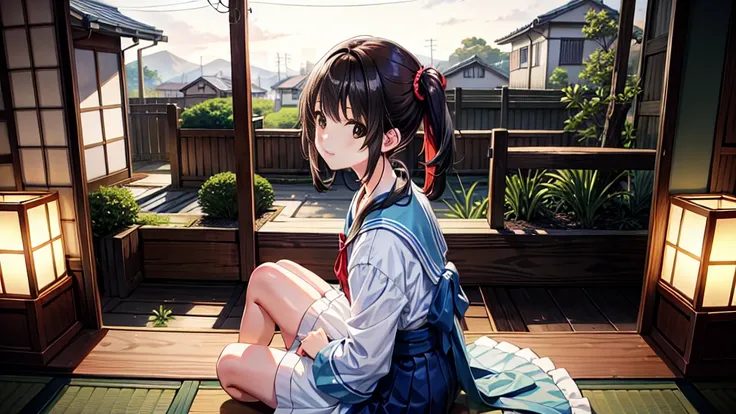 A anime character sitting in the terasse of an old japanese house, the view of her garden. summer ambient vibes. The colors are soft and pastel, with soft lighting and a nostalgic ambiance, Lo-Fi, school girl , cute girl, side view, wide view, japanese bea...