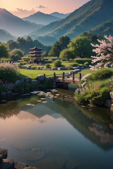 Top view of A beautiful detailed peach blossom garden in ancient China, lush peach trees in full bloom, intricate stone bridges, serene ponds with lotus flowers, exquisite traditional Chinese architecture, ancient scholars strolling through the garden, (be...