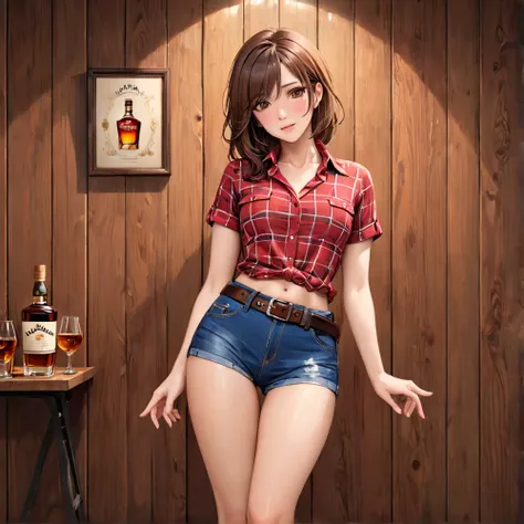 (((Being a single woman:2.0))),(((NSFW:0.5))),(((Wear denim hot pants:1.5))),(((Wear a red checked short-sleeved collared shirt:1.5))),(((Wear a gun belt with a holster:1.8))),,((Wear a watch on your wrist:1.5))),(((Showing cleavage))),(((Exposed thin inne...