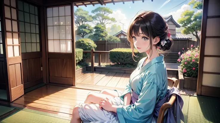 A anime character sitting in the terasse of an old japanese house, the view of her garden. summer ambient vibes. The colors are soft and pastel, with soft lighting and a nostalgic ambiance, Lo-Fi, school girl , cute girl, side view, wide view, japanese bea...