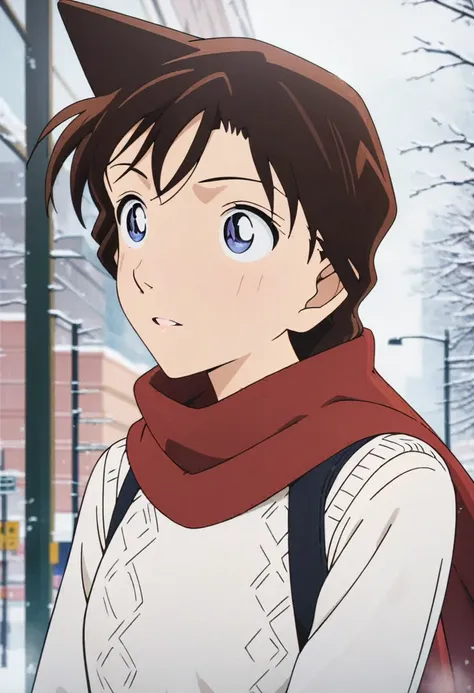 (best quality,4K,8K,high resolution,masterpiece:1.4), Extremely detailed, Delicate face:1.3, White sweater, Red scarf, fashionable, winter, Snowflakes falling, Anime style