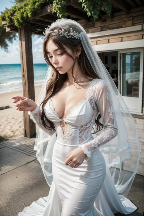 Mermaid Wedding Dresses, Long Puff Sleeve Sexy Lace Beach Bride Dress
