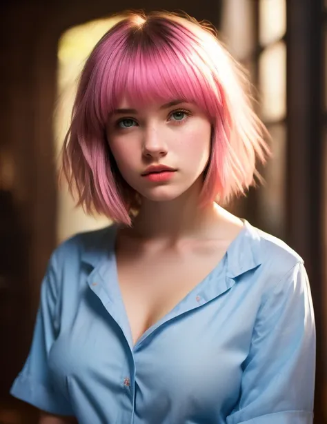 award winning portrait of cute 18 year old emo girl with blunt bangs, bob cut, pink hair, wearing a blue shirt, dramatic lighting but warm flesh colors, Intricate Detail, Soft Focus, Masterpiece, Concept Art analog RAW photo by Greg Rutkowski, busty
