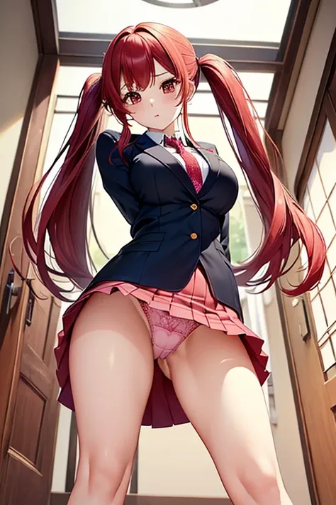 (((Stretch your legs and turn your buttocks)))、Uniform Blazer、Beautiful beauty、long red hair、((whole body))、(((Photo taken from below)))、school gate、Large Breastini skirt、Panties are pink lace、Japanese、expensive、Long limbs、Hairstyle Twin tails