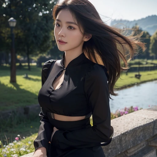 8k images, Shot with a high quality Fuji 45 camera., Pixels, best quality, Masterpiece:1.2), (realistic, photo-realistic:
1 woman,cute, alone,Beautifully detailed sky,at night, Outdoors in the countryside there are flowers..,) ,big breasts, seductive smile...