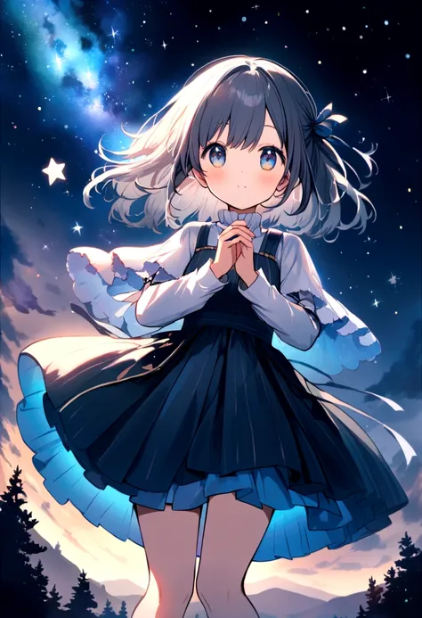 A cute girl making a wish to the starry sky