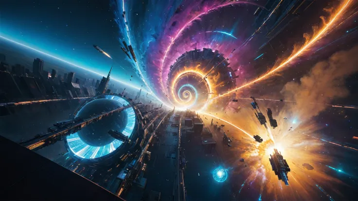 aerial view. brightly colored abstract image of a space station with a spiral, epic beautiful space scifi, chaotic cinematic spa...