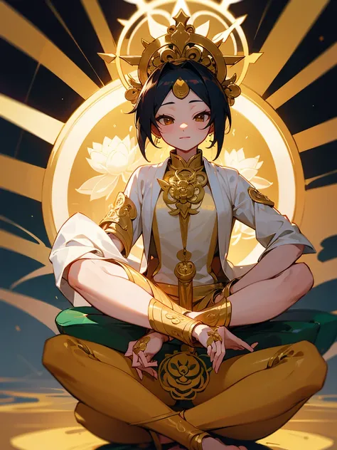 Golden halo cross-legged bodhisattva cute six-armed lotus