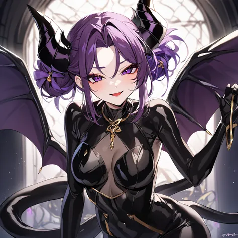 ((Highest quality)), ((masterpiece)), (detailed), （Perfect Face）、The woman is naked and wearing a shiny black full-body bodysuit decorated with gold, the sexy female demon, Devil Queen Shinobu Kochou.、The woman is a female demon with magnificent devil horn...