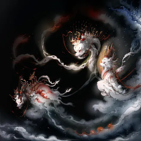 there is a white dragon in black background, inspired by Sōami, inspired by Nōami, mizutsune, inspired by Ryōhei Koiso, by Kanō Tanyū, chinese dragon concept art, by Sōami, by Li Zai, chinese watercolor style, kitsune three - tailed fox