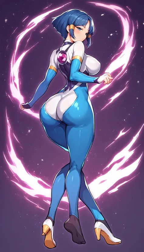 best quality,ultra detailed,solo,score_9, score_8_up, score_7_up, score_6_up, score_5_up, score_4_up, source_anime, 1girl, clara, blue hair, hair tubes, grey eyes, bodysuit,big breasts, standing sexy pose, (behind view,portrait),full body,heavenly ass, hea...