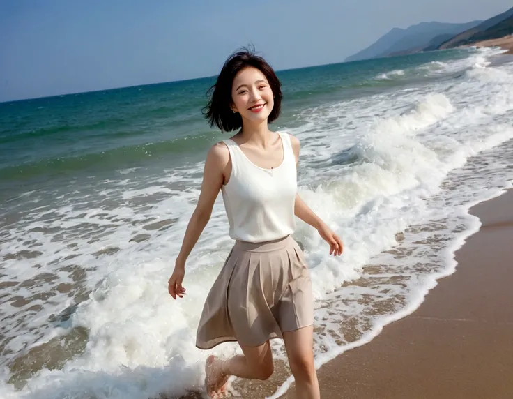 sunset on the beach，바다에 잔광이 비치네sunset on the beach 붉은 태양，A strong lingering scent is reflected in the sea., Beautiful 46-year-old short Korean woman, Chest size 34 inches, Wear sleeveless, light skirt. beautiful pretty woman look , wearing a light skirt , ...