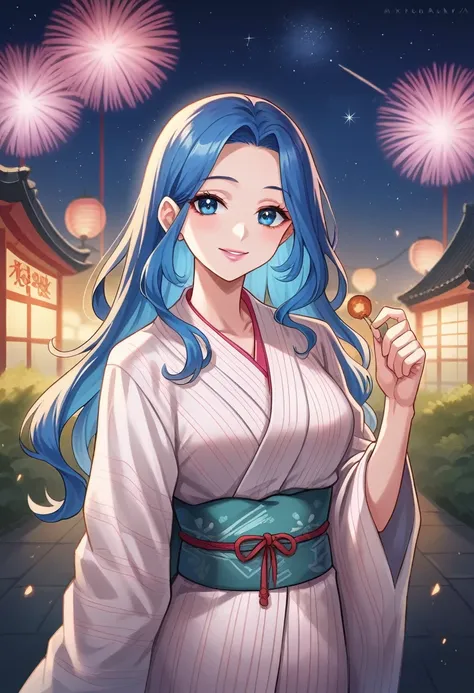 (Tanabata festival style), (in the detailed beautiful night, best sky of Galaxy), (solo:2, 15 yo, forehead blue hair long hair lovely girl, sexy blue eyes, pink lips, love smile, looking at sky), (in a cute yukata), break, background detailed Universe and ...