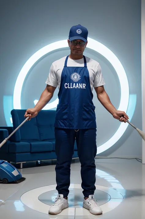 3D animated logo design with a lit background and an animation of a cleaning technician in the middle of the logo, and inscribed "DUMAI CLEANER"