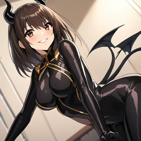 ((Highest quality)), ((masterpiece)), (detailed), （Perfect Face）、The woman is naked and wearing a shiny black full-body bodysuit decorated with gold, the sexy female demon, Devil Queen Haruhi Suzumiya、The woman is a female demon with magnificent devil horn...