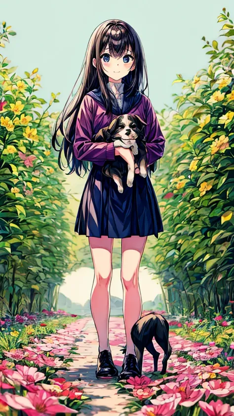 Cute standing in a flower field holding a dog