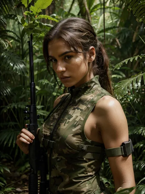 arafed woman in camouflage holding a gun in a forest, gorgeous jungle ranger, military girl, dressed in tactical armor, in a jungle, soldier girl, quiet from metal gear solid, in a jungle environment, beautiful female soldier, muscular sweat lara croft, in...