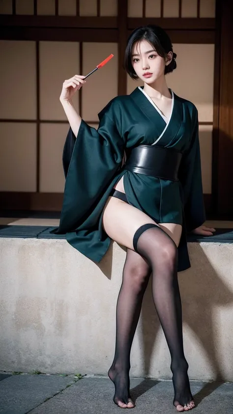 1girl beautiful::5, gorgeous::5, breath taking, deadly, feudal japan, edo period, night, japanese highres, short hair, dark hair, black hair, green eyes, almond shaped eyes, eyes wide::5, thin lips, parted lips::5, mouth open::5, mouth agape::5, solo ((mas...