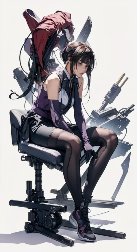 Elaizaikedareal, 1girl, solo, short hair, skirt, shirt, gloves, white background, bow, holding, , purple eyes, white shirt, weapon, purple hair, pleated skirt, shoes, black gloves, socks, bowtie, holding weapon, gun, sneakers, holding gun, armband, rifle, ...