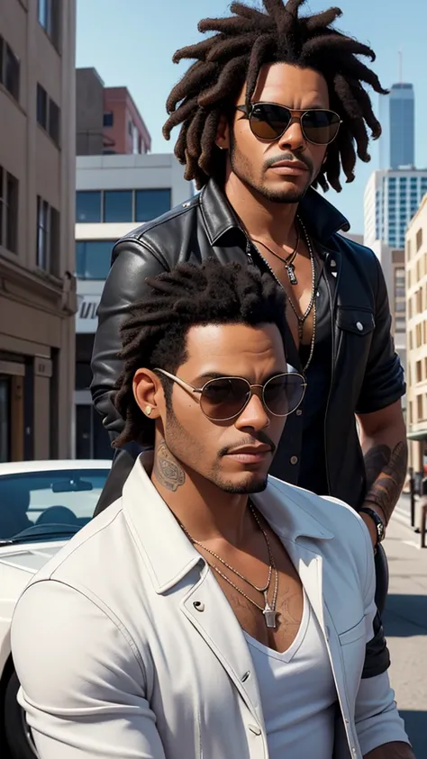 Theres a man in a white v-neck shirt, jacket, Aviator model sunglasses, about 47 years old, East USA Man, Lenny Kravitz, with sun glasses, black hair and olive skin, profile pic, front photo, urban city background, natta, model car Ford Mustang Boss 429