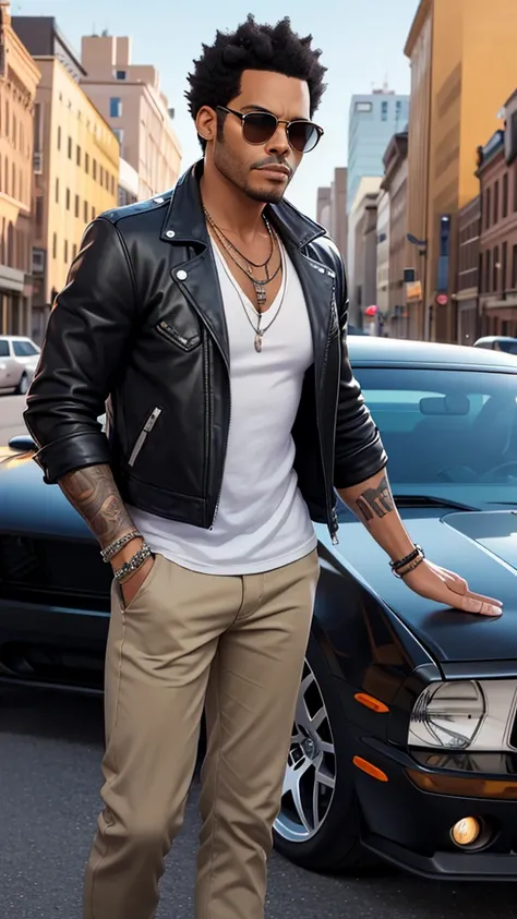 Theres a man in a white v-neck shirt, jacket, Aviator model sunglasses, about 47 years old, East USA Man, Lenny Kravitz, with sun glasses, black hair and olive skin, profile pic, front photo, urban city background, natta, model car Ford Mustang Boss 429