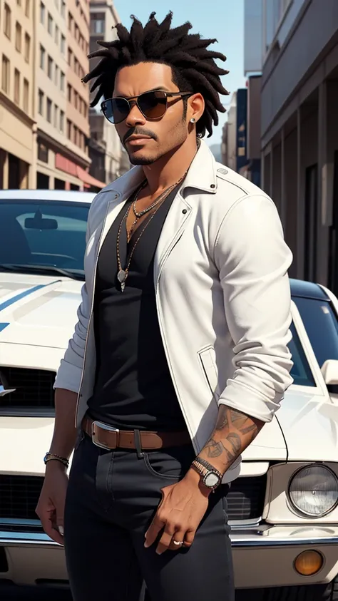 Theres a man in a white v-neck shirt, jacket, Aviator model sunglasses, about 47 years old, East USA Man, Lenny Kravitz, with sun glasses, black hair and olive skin, profile pic, front photo, urban city background, natta, model car Ford Mustang Boss 429