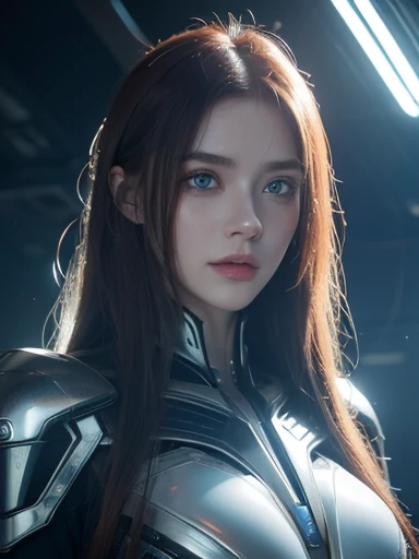 1 white mechanical girl, long hair and redhead, blue colored eyes,breasts big, ((Extraordinarily realistic details)), portraite, world class lighting, ombre, octane rendering, 8f, ultra sharp, white metal,complicated, detailed jewellery, cool colors, highl...