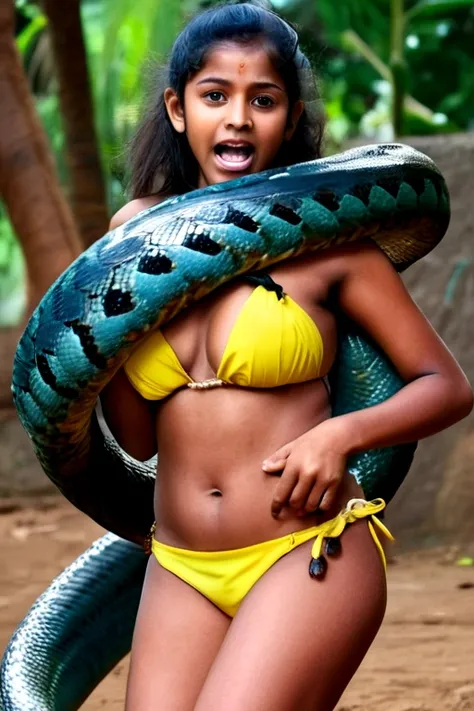 Happy Horny, aroused 1girl), beautiful  bikini wearing Indian  young teen girl with  giant colossal Kaa monster squeezing her hard, wrapped in thick spiraling coils, constricted, struggle, gasping for air, snake attack, snake peril,