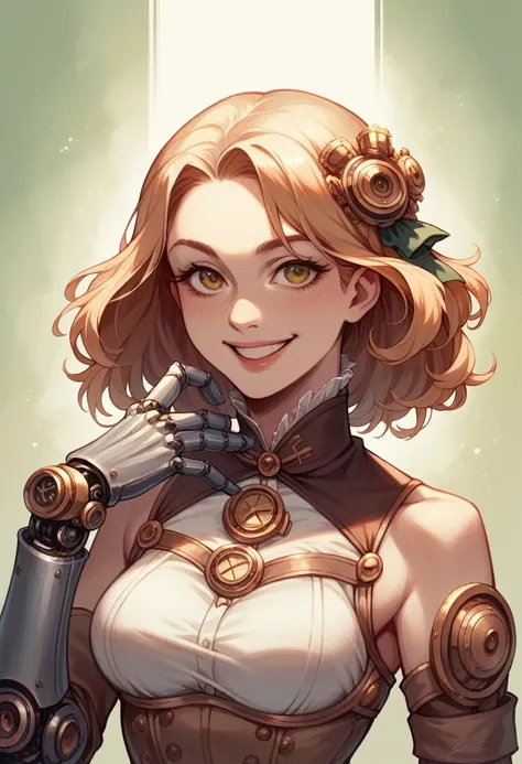 Smiling 1girl with bionic arms in steampunk fashion, captured in ultra high resolution with photorealistic and beautiful lighting. This masterpiece is of the best quality and is set against a zentangle abstract background (weighted at 1.4).