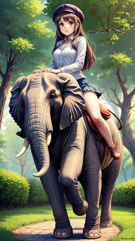 Cute girl riding a big elephant