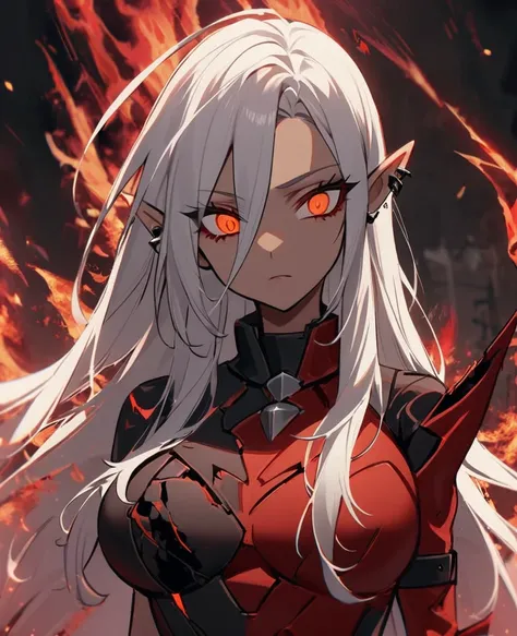 2 people (1 Female,light skin,pierce pointed eyers,red long hair,orange eyes,curvy,broken armour,dark expression ,hell fire magic) (1 male,light skin,pierced pointed ears,white long hair,red eyes,54,broken armour,dark expression,dark magic) on a battle fie...