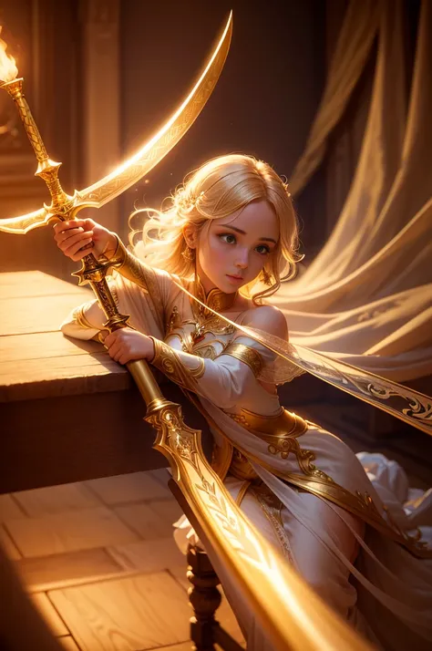 A beautifully detailed image of an enchanted sword lying on a table, glowing with magical energy. The blade, gleaming with a soft, warm light, curves and twists as it stretches from hand to hand, creating a mesmerizing, ethereal trail of swirling flames. T...