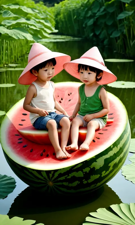 Hot summer，Two children sitting on a giant watermelon-shaped boat，Back，Wear a sun hat，Fundo verde claro，Summer elements，Lotus Pond，A hot, sunny day in midsummer，Comic Style，Fresh and beautiful atmosphere