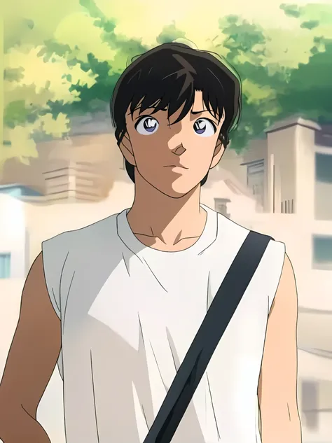 anime man with black hair and white shirt standing in front of a building