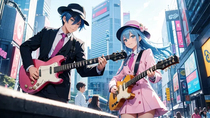 Anime style illustration with a vibrant city background similar to Shibuya. The main characters are a girl with long blue hair and blue eyes wearing a  with a pink tie, and a boy with short blue hair wearing a white suit and hat. In this image, the girl is...