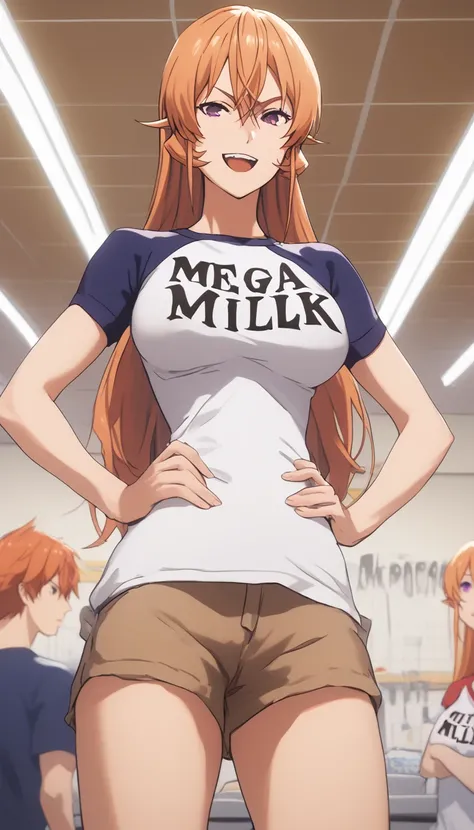  score_9, score_8_up, score_7_up, score_6_up, uncensored, erina nakiri, long hair, orange hair, purple eyes, hair between eyes, large breasts, smirk, upper teeth, mega milk, clothes writing, raglan sleeves, t-shirt, english text, shorts,  standing, hands o...