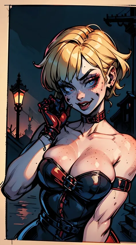 vampire,(night),blood,victorian,dress,artificial light,lamppost,docks,cleavage,hand on face,fangs,licking,freckles,bridge,body freckles,looking at viewer, harley quinn