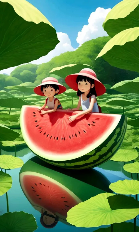 vision，hot summer，two children sitting on a giant watermelon-shaped boat，back，wear a sun hat，fundo verde claro，summer elements，l...