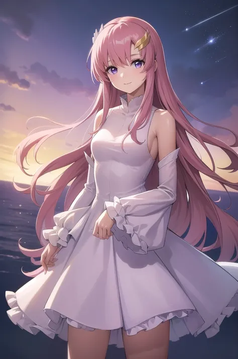 (masterpiece:1.3), (best quality:1.1), (8k, ultra detailed, ultra high res:1.2), ((anime style)), perfect 5 fingers, perfect anatomy, 
1girl,
BREAK long hair, 
pink hair, 
purple eyes,  
long dress, white dress, long sleeve, frill, frill skirt, detached sl...