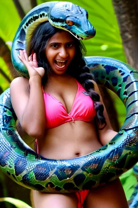 Happy Horny, aroused 1girl), beautiful  bikini wearing Indian  young teen girl with  giant colossal Kaa monster squeezing her hard, wrapped in thick spiraling coils, constricted, struggle, gasping for air, snake attack, snake peril,