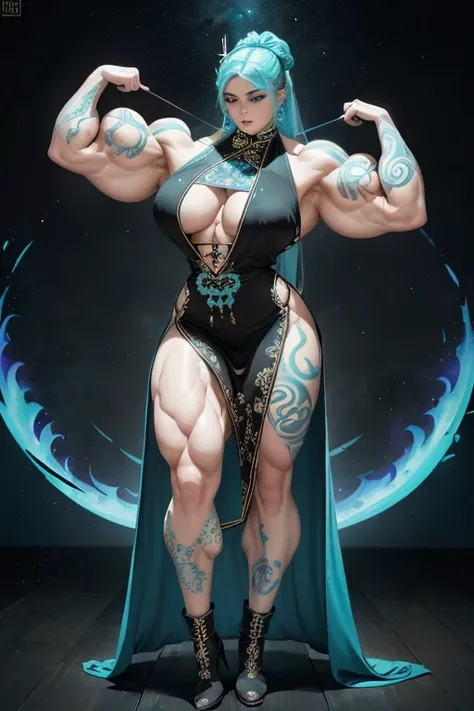 (((Massive tall, beautiful, buff, pale white, skinned muscular woman with cyan hair, black lipstick, tattooed body adorned with intricate designs, ginormous bulky muscles, and wearing a beautiful long silk black cheongsam dress))), ((close view)), massive ...