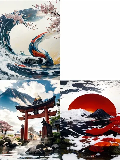 ศิลปะdrawingสีน้ำมัน,with koi flag,red torii gate,There is a cherry blossom branch on the edge of the picture.,There is Mount Fuji and water waves. big red sun,There are two koi fish flags on either side of the pole.,drawingแบบญี่ปุ่น,bright colors,drawing