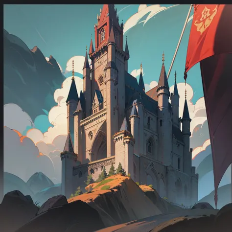 An ornate medieval castle perched atop a craggy cliff, turrets reaching towards the sky, depicted in a mezzotint risograph stippled style that accentuates the ancient stoneworks textures and weathered surfaces. hyper realistic, 8k, vibrant colors, sharp cr...